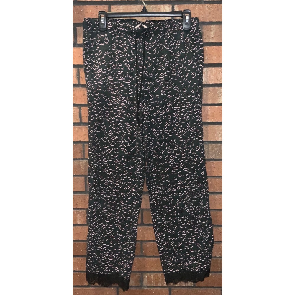 Victorias Secret Pajama Pants Green Pink Leopard Animal Print Lace Trim Size S